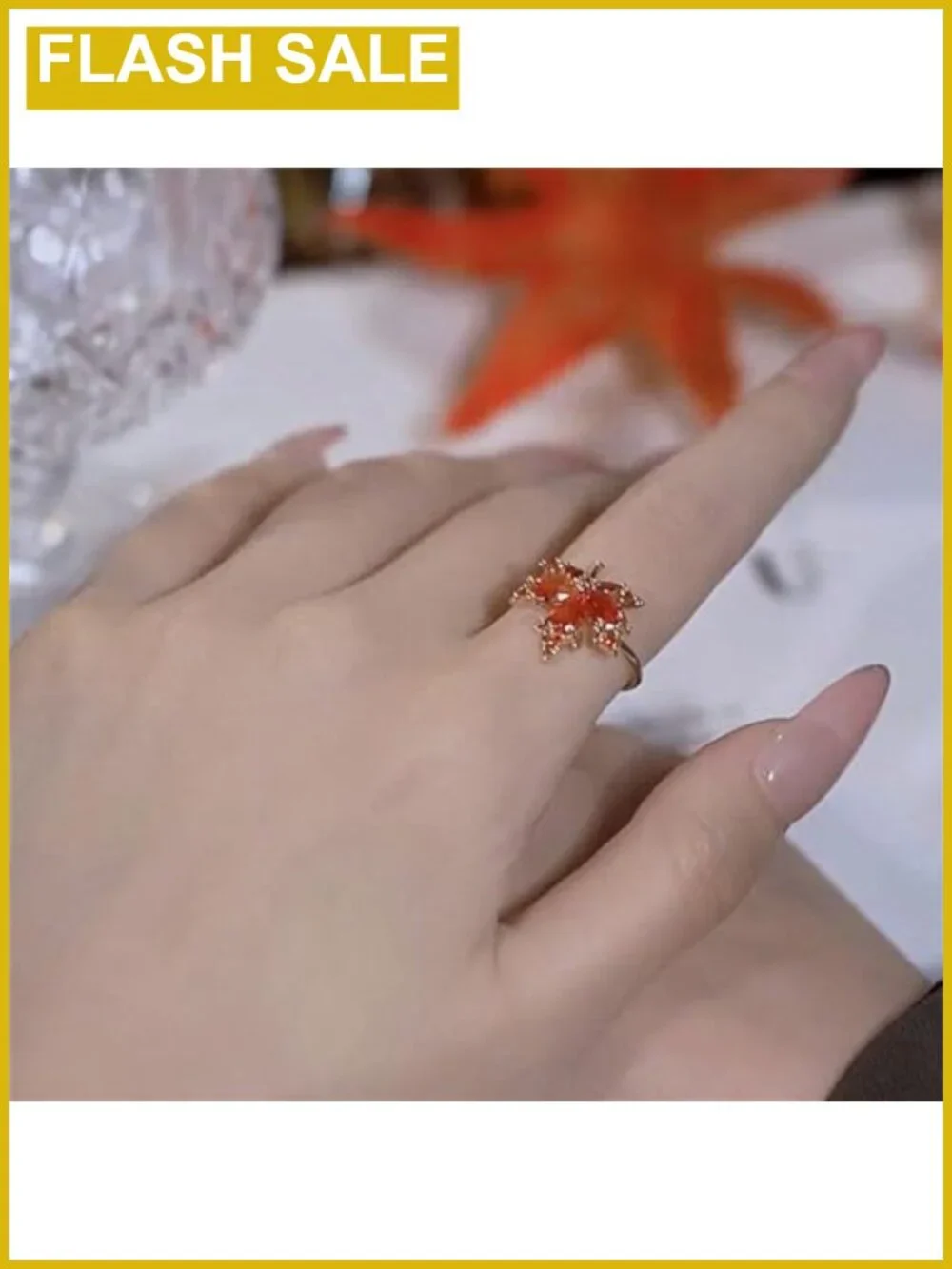 Cubic Zirconia Maple Leaf Open Ring Adjustable Wrap Band Women Dainty